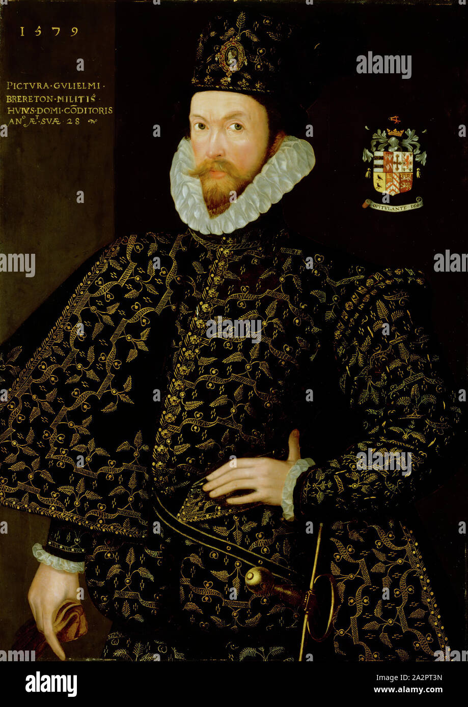 Sconosciuto (inglese), Sir William Brereton, 1579, 1579, olio su cullato pannello in legno, senza cornice: 40 7/8 × 29 pollici (103,8 × 73,7 cm Foto Stock Sconosciuto (inglese), Sir William Brereton, 1579, 1579, olio su cullato pannello in legno, senza cornice: 40 7/8 × 29 pollici (103,8 × 73,7 cm Foto Stock