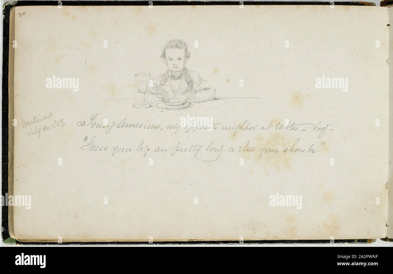 Sconosciuto (americano), Young America, il mio prossimo opposto al tavolo, Mackinac, luglio 30, 1859, 1859, grafite matita su carta color crema, foglio: 4 5/8 x 7 3/8 pollici (11,7 x 18,8 cm Foto Stock
