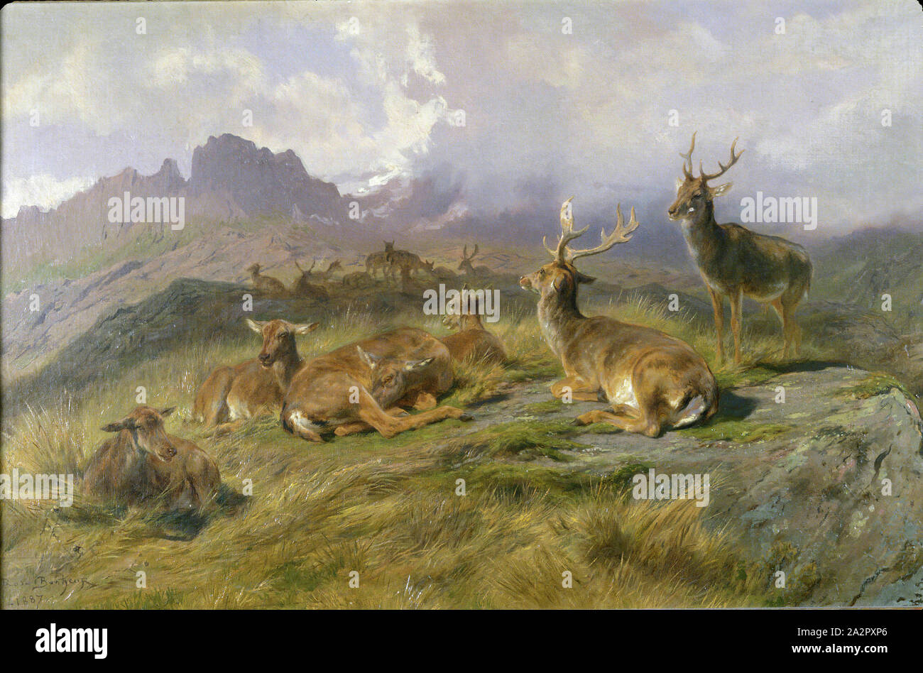 Rosa Bonheur, Francese, 1822-1899, il paesaggio con i cervi, 1887, olio su tela, senza cornice: 17 3/4 × 29 pollici (45,1 × 73,7 cm Foto Stock