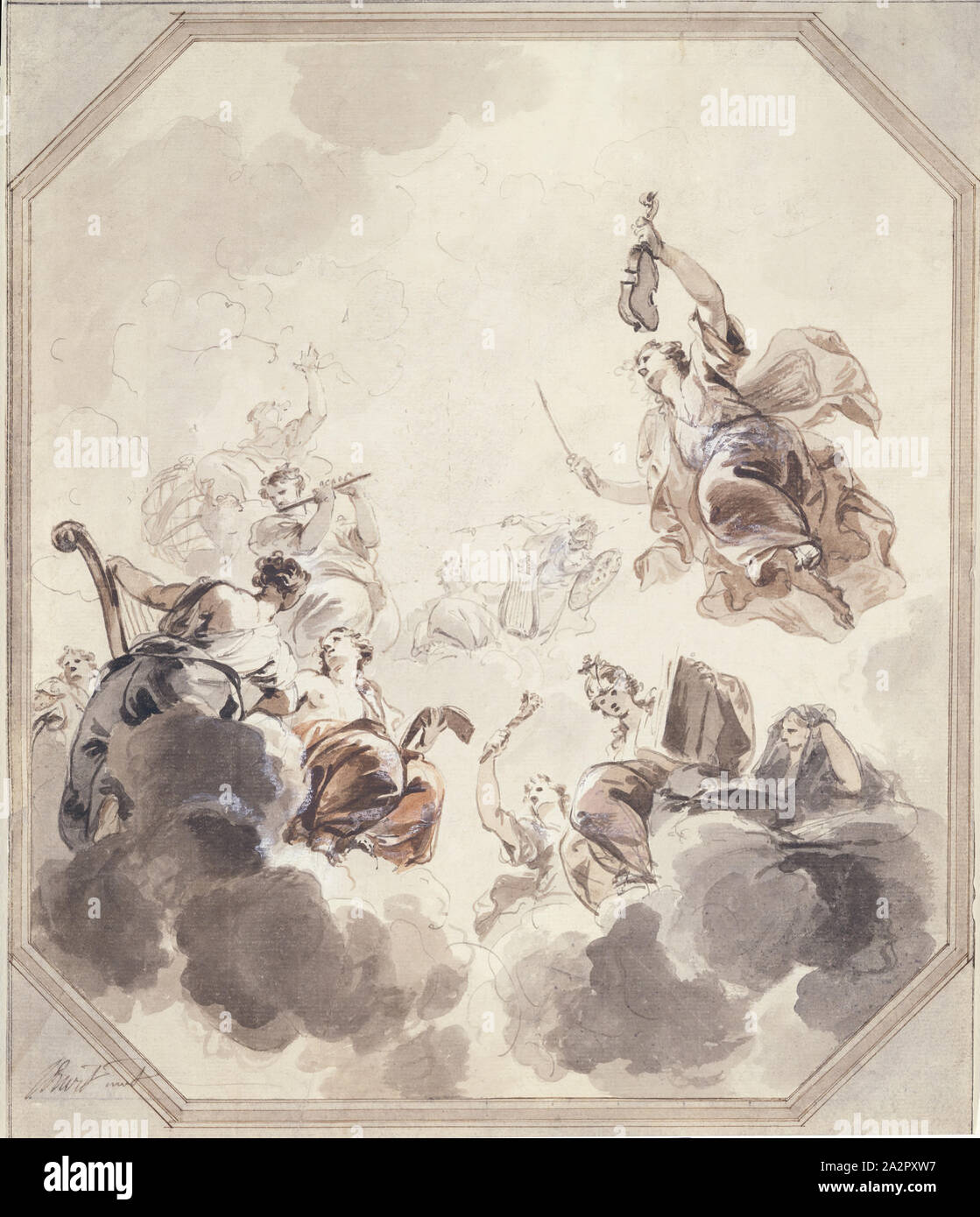 Jacob de Wit, Olandese, 1695-1754, Apollo in trono con Minerva e le Muse, 1730, a penna e inchiostro grigio, spazzola e marrone e inchiostro nero e grigio, marrone e rosso lavare, rafforzata con il bianco e rosa su un disegno preliminare in grafite su scolorito carta vergata, foglio: 12 7/8 × 10 7/8 pollici (32,7 × 27,6 cm Foto Stock