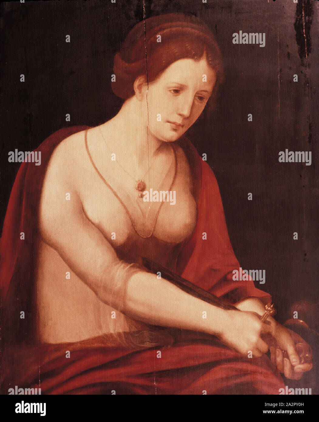Comandante della metà femmina lunghezze, fiammingo, la morte di Lucrezia, c. 1550, vernice su pannello in legno, 22 1/2 x 18 x 2 in. (57,2 x 45,7 x 5,1 cm Foto Stock Comandante della metà femmina lunghezze, fiammingo, la morte di Lucrezia, c. 1550, vernice su pannello in legno, 22 1/2 x 18 x 2 in. (57,2 x 45,7 x 5,1 cm Foto Stock