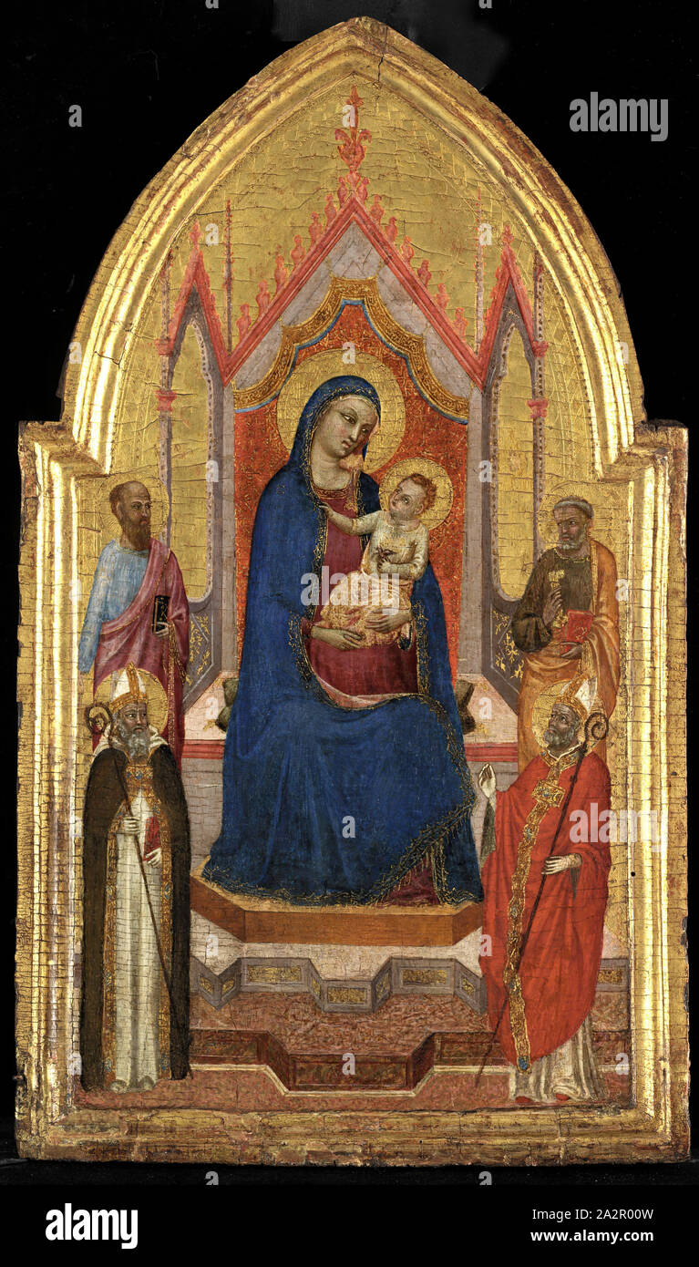 Scuola di marche, Italiano, 1300-1400, Madonna col Bambino in trono con quattro Santi del secolo XIV, tempera su pannello in legno, senza cornice: 18 × 10 3/8 pollici (45,7 × 26,4 cm Foto Stock Scuola di marche, Italiano, 1300-1400, Madonna col Bambino in trono con quattro Santi del secolo XIV, tempera su pannello in legno, senza cornice: 18 × 10 3/8 pollici (45,7 × 26,4 cm Foto Stock