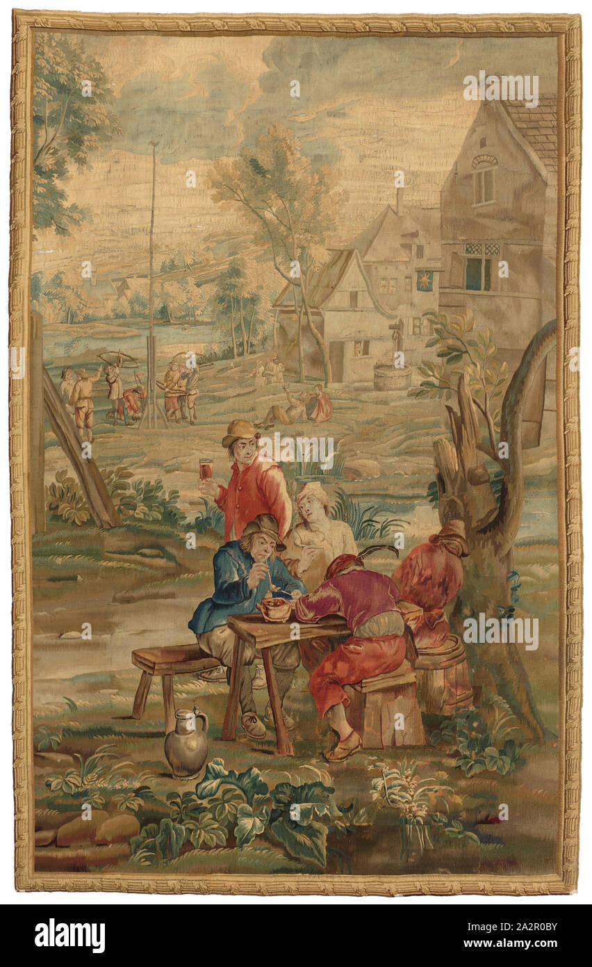 Sconosciuto (fiammingo), cinque contadini a fumare e bere intorno a un tavolo, 1700/1750, lana, seta, complessivo: 110 × 71 pollici (279,4 × 180.3 cm Foto Stock
