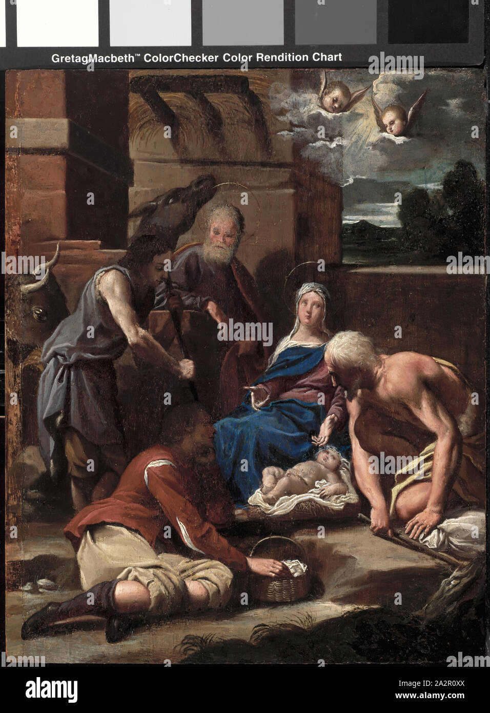 Carlo Bononi, Italiano, 1569-1632, Adorazione dei pastori, c. 1615/1625, olio su pannello in legno, senza cornice: 11 7/8 × 9 11/16 pollici (30,1 × 24,6 cm Foto Stock Carlo Bononi, Italiano, 1569-1632, Adorazione dei pastori, c. 1615/1625, olio su pannello in legno, senza cornice: 11 7/8 × 9 11/16 pollici (30,1 × 24,6 cm Foto Stock