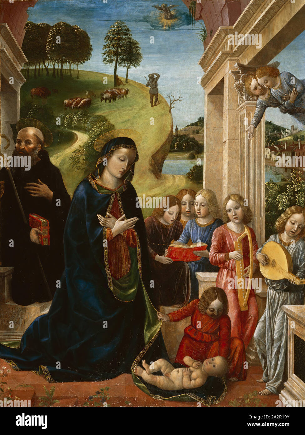 Vincenzo Foppa, Italiano, 1427-1516, Adorazione del Bambino con san Benedetto e Angeli, c. 1478, tempera su tela e nido pannello di alluminio, trasferiti dal pannello in legno, senza cornice: 56 1/2 × 43 1/4 pollici (143,5 × 109,9 cm Foto Stock