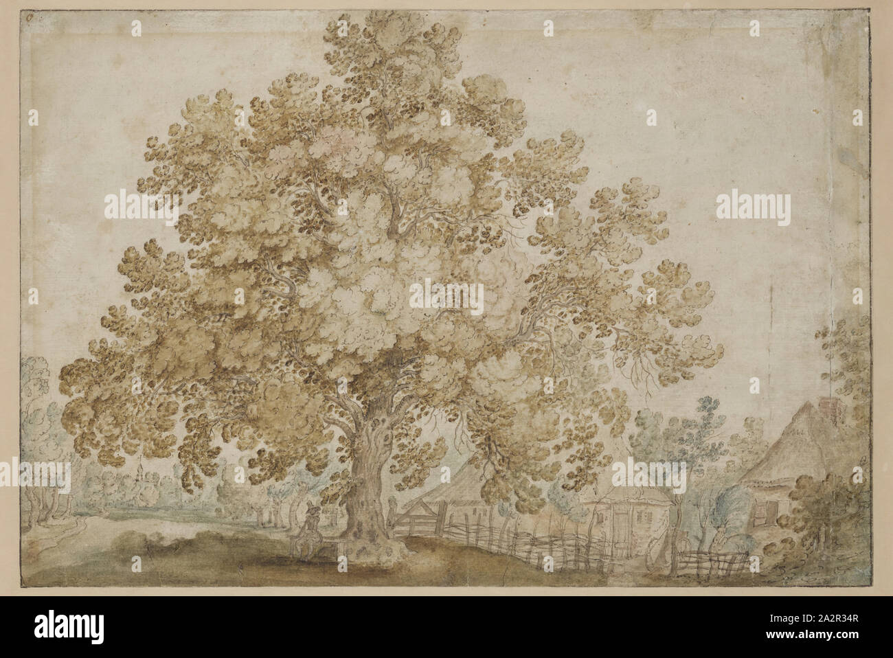 Sconosciuto (fiammingo), dopo Sebastian Vrancx, fiammingo, 1573-1647, Figura seduto sotto la quercia, tra la fine del XVI e all'inizio del XVII secolo, a penna e inchiostro bruno e ocra, verde, viola, marrone, blu e rosso chiaro il lavaggio un disegno preliminare in grafite su scolorito carta vergata, foglio: 8 1/4 × 12 1/8 pollici (21 × 30,8 cm Foto Stock