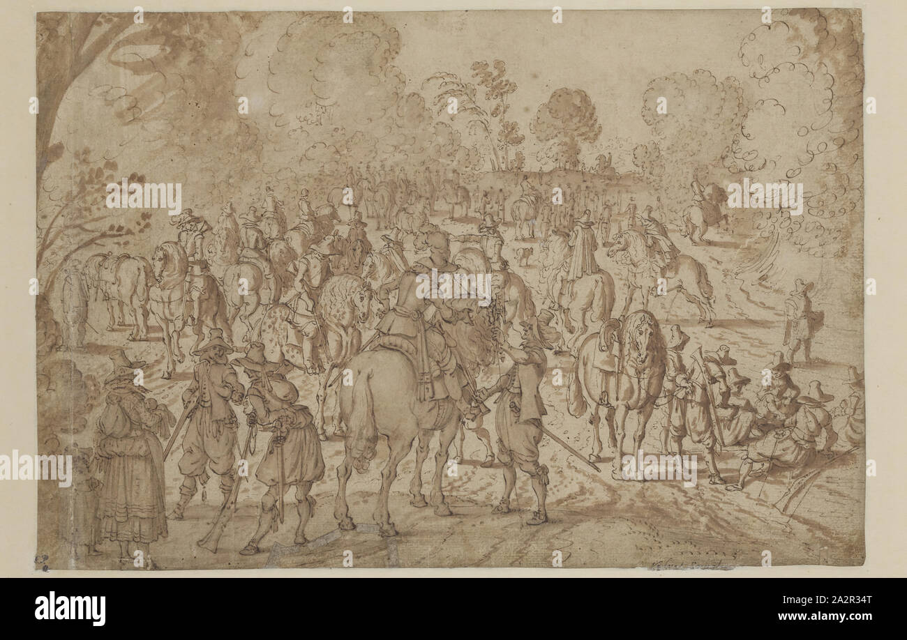 Sconosciuto (fiammingo), dopo Sebastian Vrancx, fiammingo, 1573-1647, soldati appoggiati, tra la fine del XVI e all'inizio del XVII secolo, a penna e inchiostro bruno e lavaggio marrone su un disegno preliminare in grafite su scolorito carta vergata, foglio: 8 1/4 × 12 1/8 pollici (21 × 30,8 cm Foto Stock