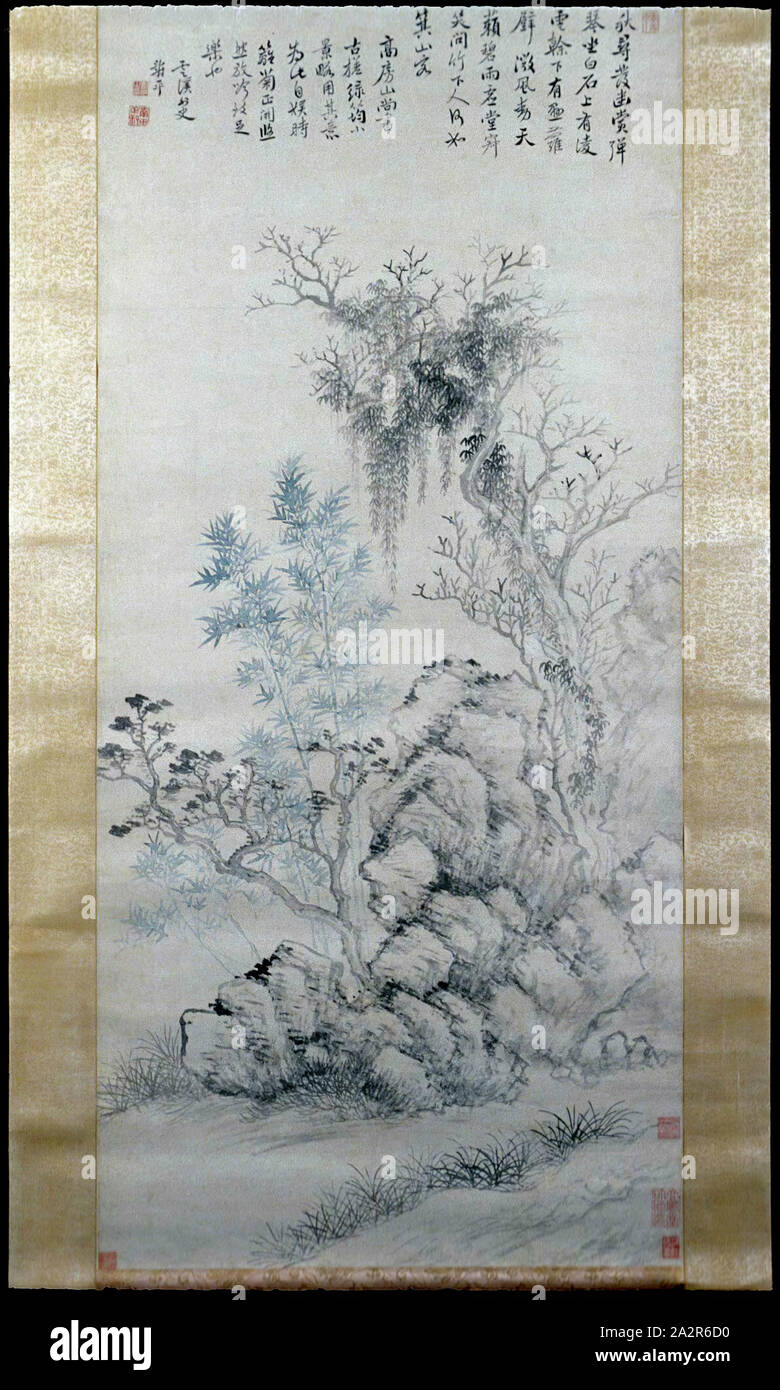 Yun Shouping, Cinese, 1633-1690, bambù e alberi in un Rockery, 1680/1685, inchiostro e acquerello su carta, 53 x 24 1/2 in. (134,6 x 62,2 cm Foto Stock