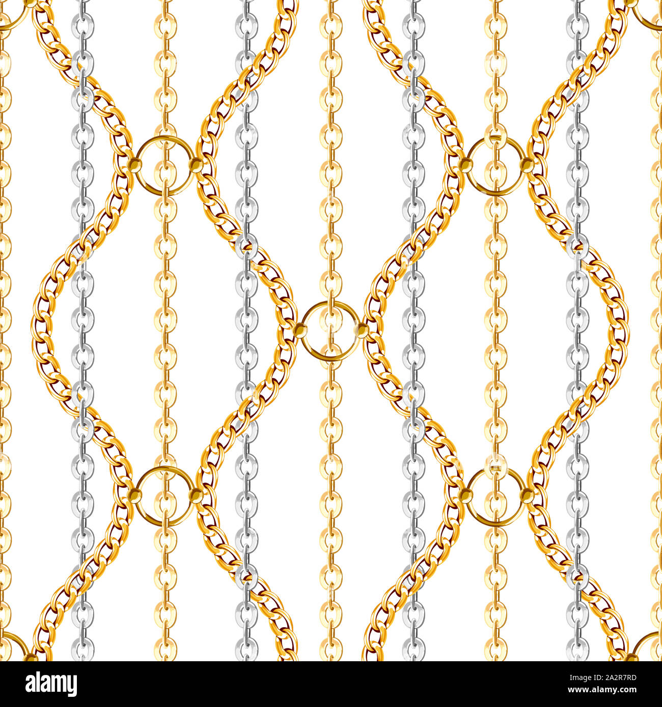 Abstract seamless pattern con oro e catene in argento su sfondo bianco per tessuto. Alla moda di ripetere la stampa. Foto Stock