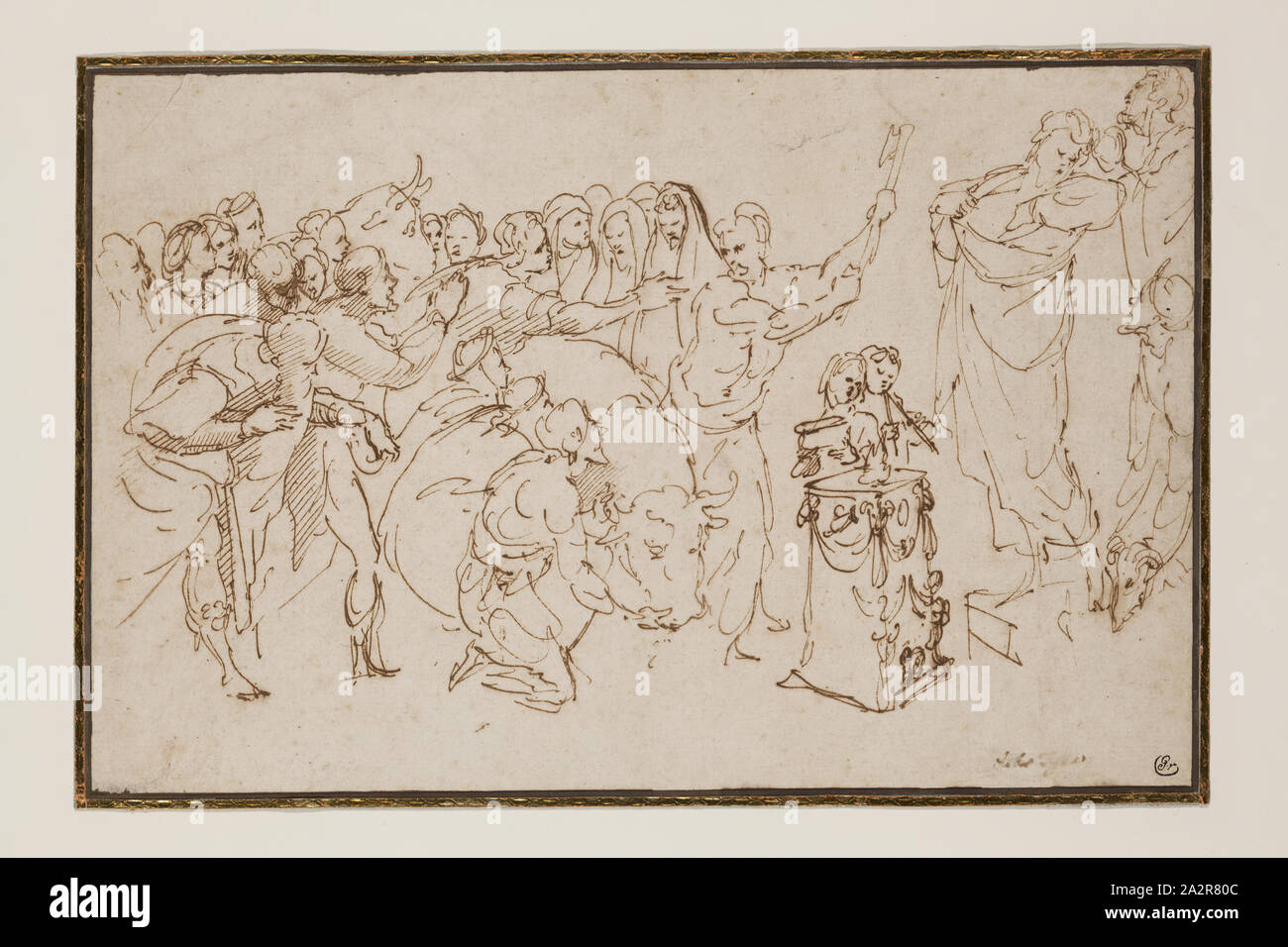 Giorgio Vasari, Italiano, 1511-1574, il sacrificio a Listra, ca. 1550, a penna e inchiostro bruno su carta buff, foglio: 7 1/16 × 10 3/4 pollici (17,9 × 27,3 cm Foto Stock