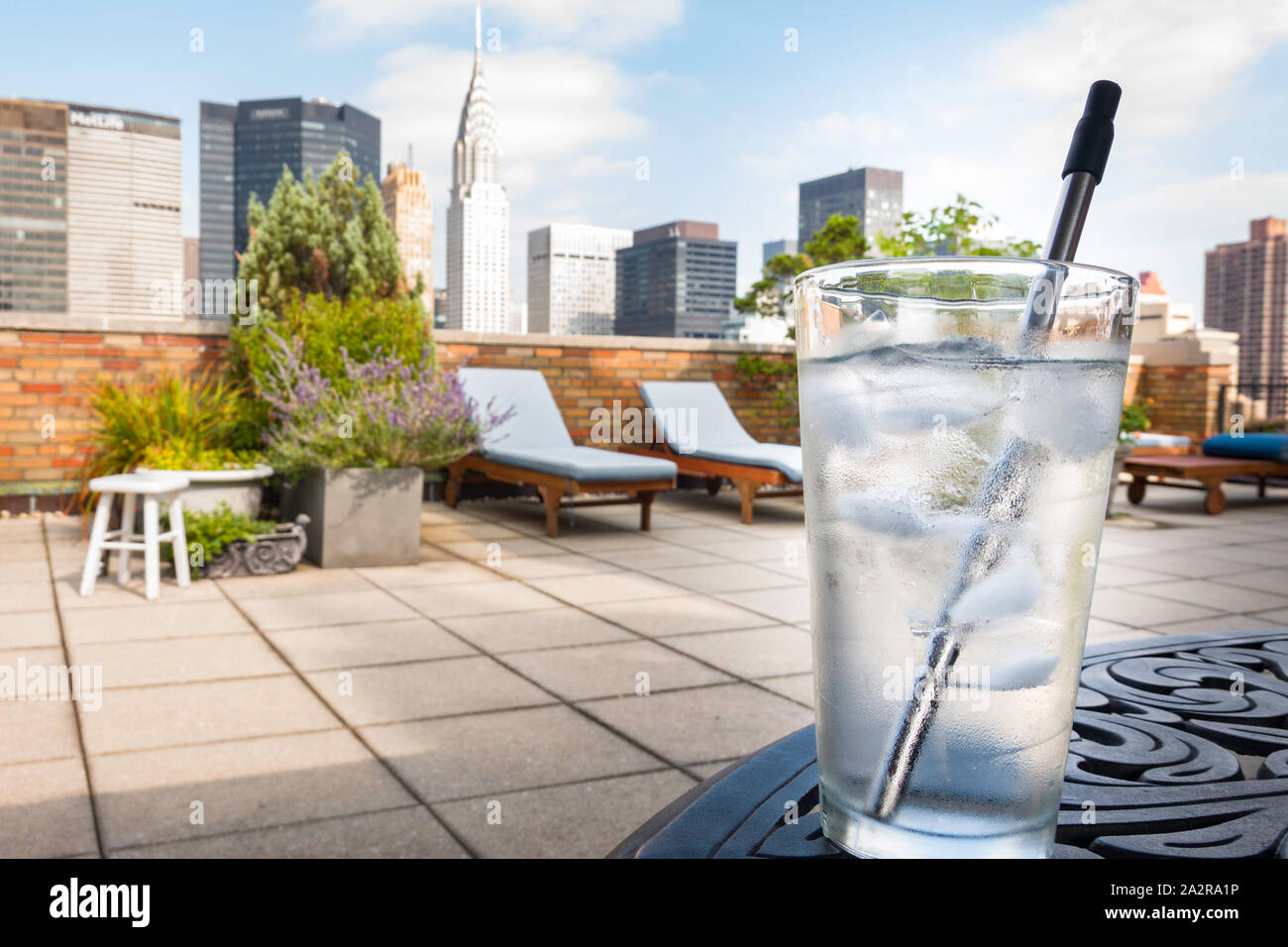 Inossidabile riutilizzabili in plastica acciaio libero cannuccia in uso in un bicchiere di acqua, STATI UNITI D'AMERICA Foto Stock