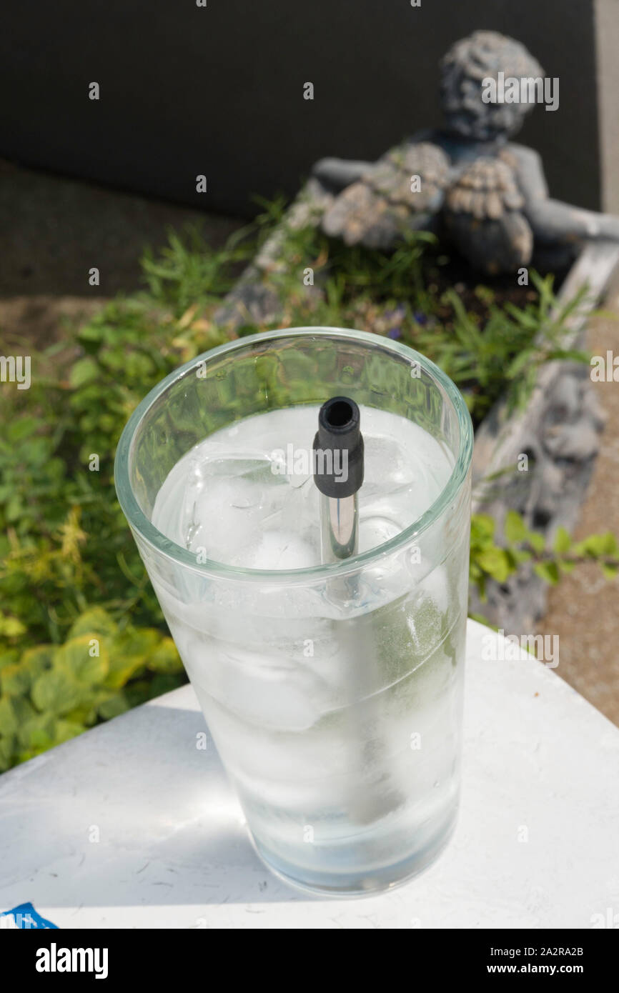 Inossidabile riutilizzabili in plastica acciaio libero cannuccia in uso in un bicchiere di acqua, STATI UNITI D'AMERICA Foto Stock