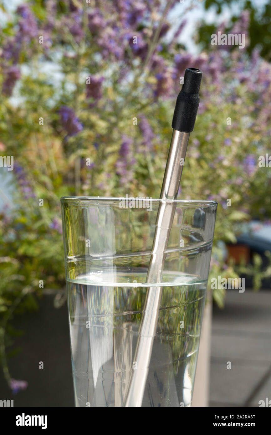 Riutilizzabili in plastica inox acciaio privo di paglia in uso in un bicchiere di acqua, STATI UNITI D'AMERICA Foto Stock