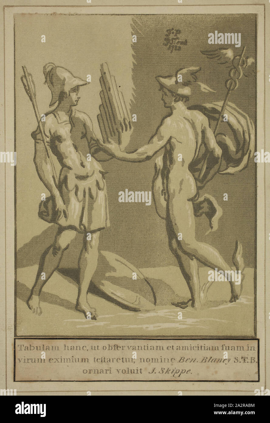 John Skippe, Inglese, 1741-1812, dopo il Parmigianino, Italiano, 1503-1540, Mercurio offrendo Panpipes a Minerva, 1783, incisione a legno in chiaroscuro stampate con inchiostro nero e due tonalità di verde inchiostro, Immagine: 7 1/2 x 5 5/8 pollici (19,1 × 14,3 cm Foto Stock