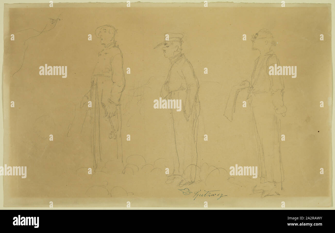 Carl Spitzweg, Tedesco, 1808-1885, lo studio del fumetto di tre figure maschili, ca. 1855, grafite matita su carta intessuta, foglio: 8 1/4 × 13 1/4 pollici (21 × 33,7 cm Foto Stock