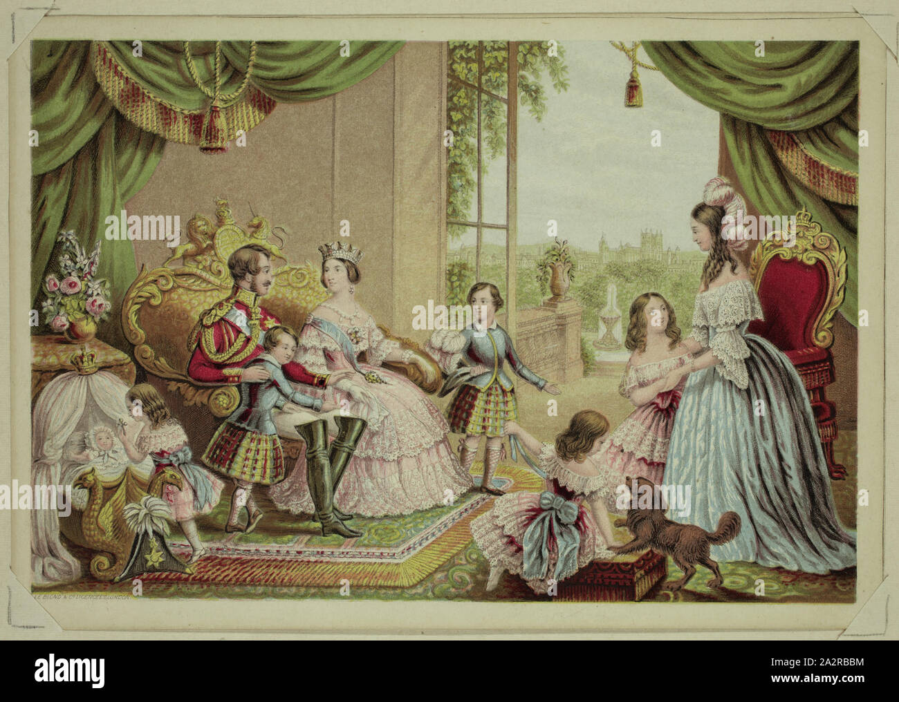 Sconosciuto (inglese), Queen Victoria, il Principe Consorte e la famiglia reale a Buckingham Palace, c. 1845, a intaglio e sollievo stampato a colori (Baxter processo), immagine: 4 x 5 7/8 in Foto Stock