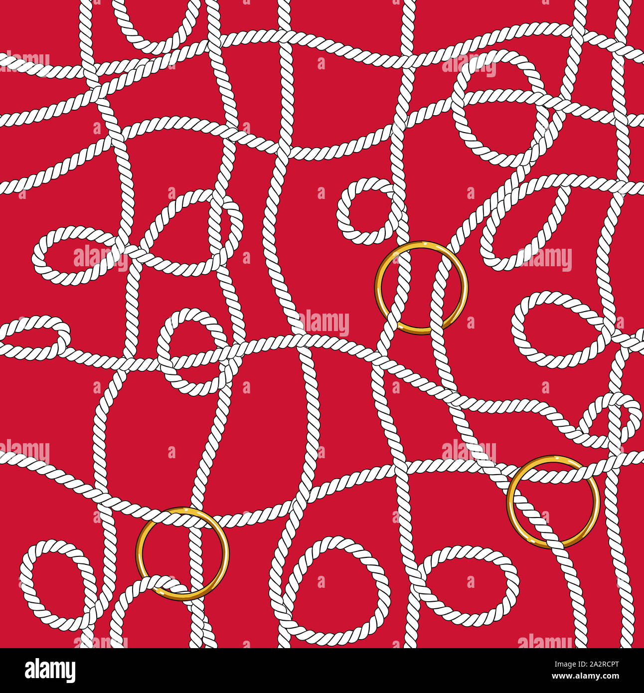 Seamless marine nodo di corda pattern. Infinite illustrazione con corda bianca ornamento e nodi nautico sul colore rosso sfondo. Pronto per il tessuto tessile Foto Stock