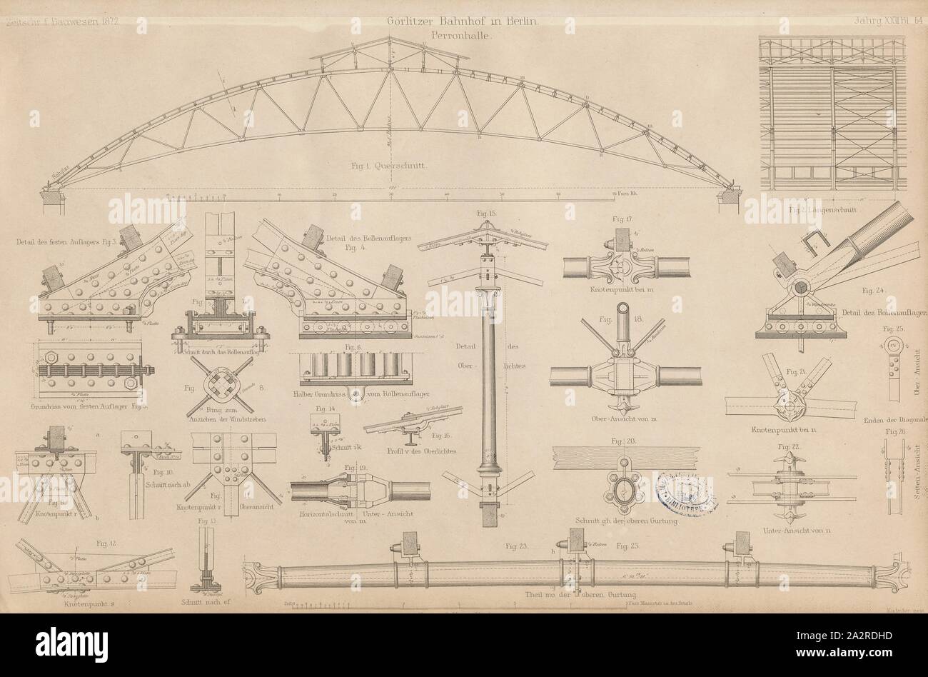 Stazione Görlitzer a Berlino: Perronhalle, disegni di costruzione per la piattaforma hall di Görlitzer Bahnhof di Berlino, Fig. 1-26, il beato 64, Ministerium der öffentlichen Arbeiten; Königl. Technischen Bau-Deputation & des Architekten-Vereins zu Berlin (Hg.): Zeitschrift für Bauwesen. Jg. 22. Berlino: Ernst & Korn [ecc.], 1872 Foto Stock