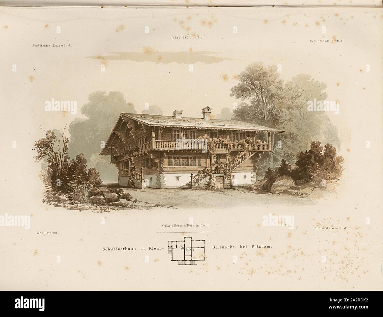Swiss House in Klein-Glienecke vicino a Potsdam, Swiss casa in legno, firmato: fer., V, E. V., Arnim, Lith., V, W. Loeillot; Publisher v., Ernst & Korn, PROBLEMA LXXXVIII, foglio 2, Arnim, E. V. (Fer.); Loeillot, W. (Lith.); Ernst & Korn (Verl.), 1867, Architektonisches Skizzen-Buch: eine Sammlung enthaltend Landhäuser, Villen, ländliche Gebäude, Gartenhäuser, Gartenverzierungen, städtische Wohngebäude, Dekorationen viscerale Räume, Gitter, Erker, balkone, Blumenfenster, Brunnen, Springbrunnen, Hofgebäude ... und andere kleine Baulichkeiten, welche zur Verschönerung baulicher Anlagen dienen und a Berlino Foto Stock