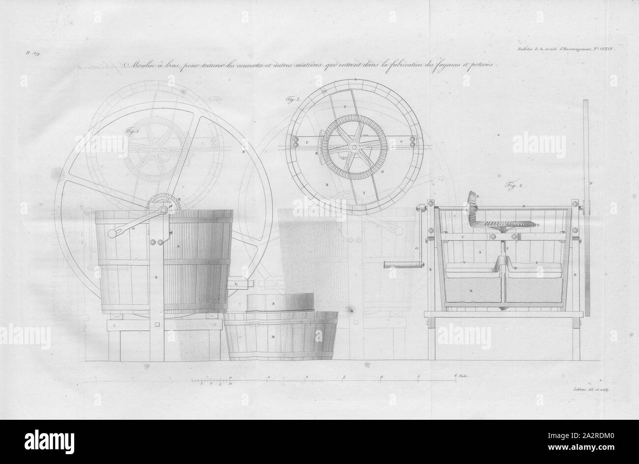 Mulino con bracci per triturare i coperchi e altri materiali che entrano nella fabbricazione di recinzioni e ceramiche, Mulino, incisione su rame, firmato: Leblanc del. Et sculp, Pl. 379, Leblanc (CANC. et sc.), 1829, Bulletin de la Société d'incoraggiamento pour l'industrie nationale. Bd. 28. Parigi: Société d'incoraggiamento pour l'industrie nationale, 1802 Foto Stock