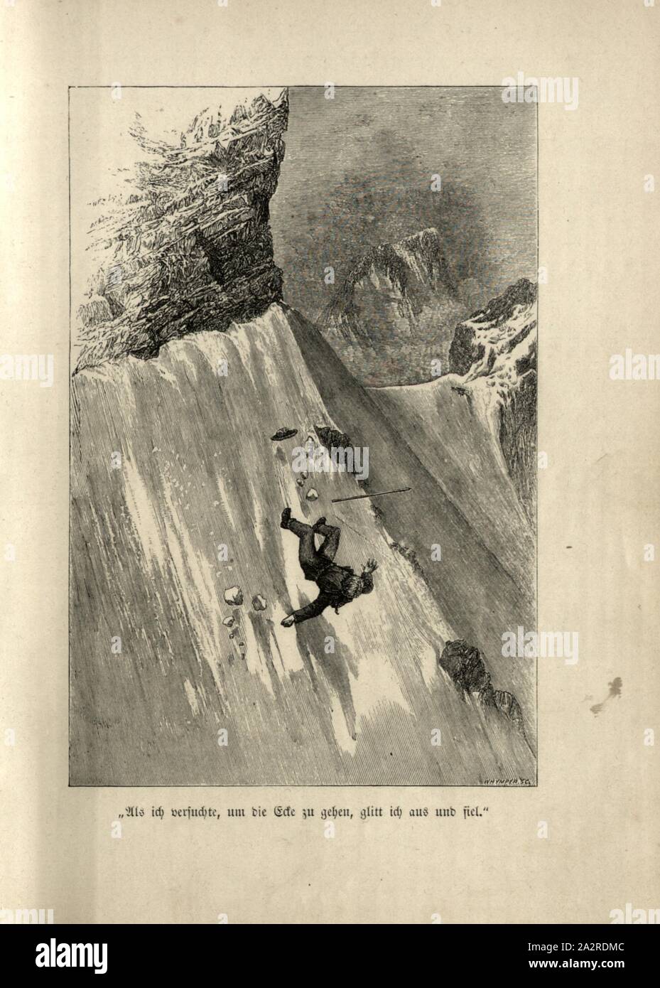 La caduta di Edward Whymper, firmato: Whymper (sc.), incisione su legno, p. 142 Foto Stock