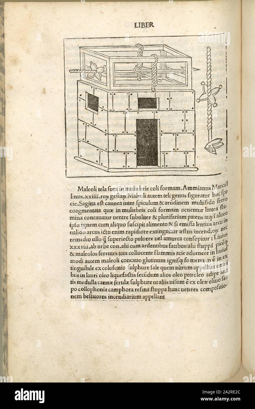 Edificio fortezza con dispositivo di cottura, la guerra nel Medioevo, fortificazione con una pistola, bunker, catapulta per una lancia, xilografia, S. 318, (Liber decimus), 1483, Roberto Valturio: [De re militari]. Verona: [Boninus de Boninis], [1483 Foto Stock