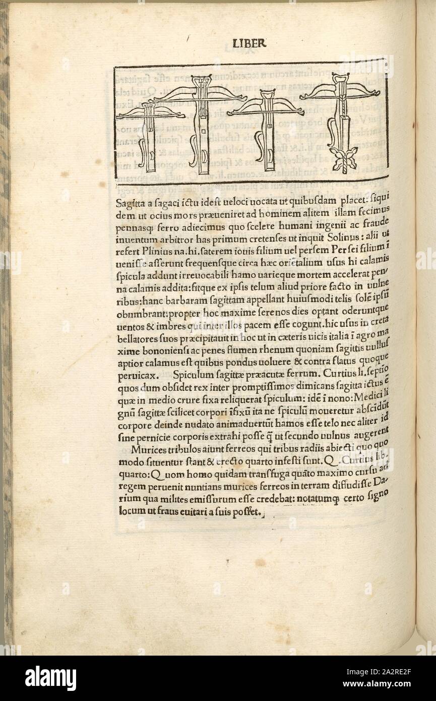Vari modelli di balestra, la guerra nel Medioevo, armi, quattro modelli di balestra in confronto, xilografia, p. 322, (Liber decimus), 1483, Roberto Valturio: [De re militari]. Verona: [Boninus de Boninis], [1483 Foto Stock