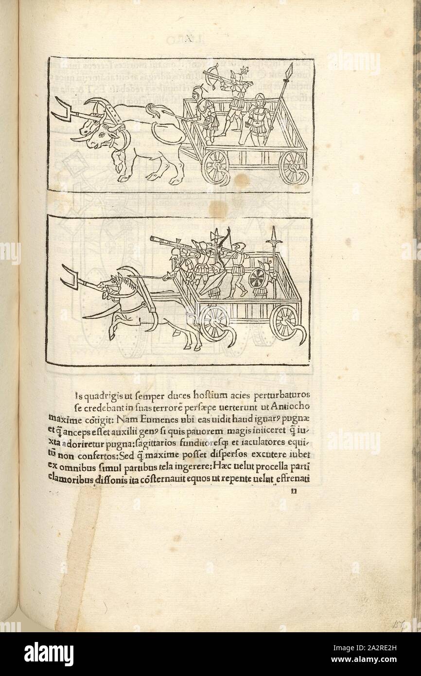 Ox e cavallo di carri per scopi di assedio, guerra medievale, Ox Cart e carrozza con soldati e armi da assedio scopi, xilografia, p. 325, (Liber decimus), 1483, Roberto Valturio: [De re militari]. Verona: [Boninus de Boninis], [1483 Foto Stock