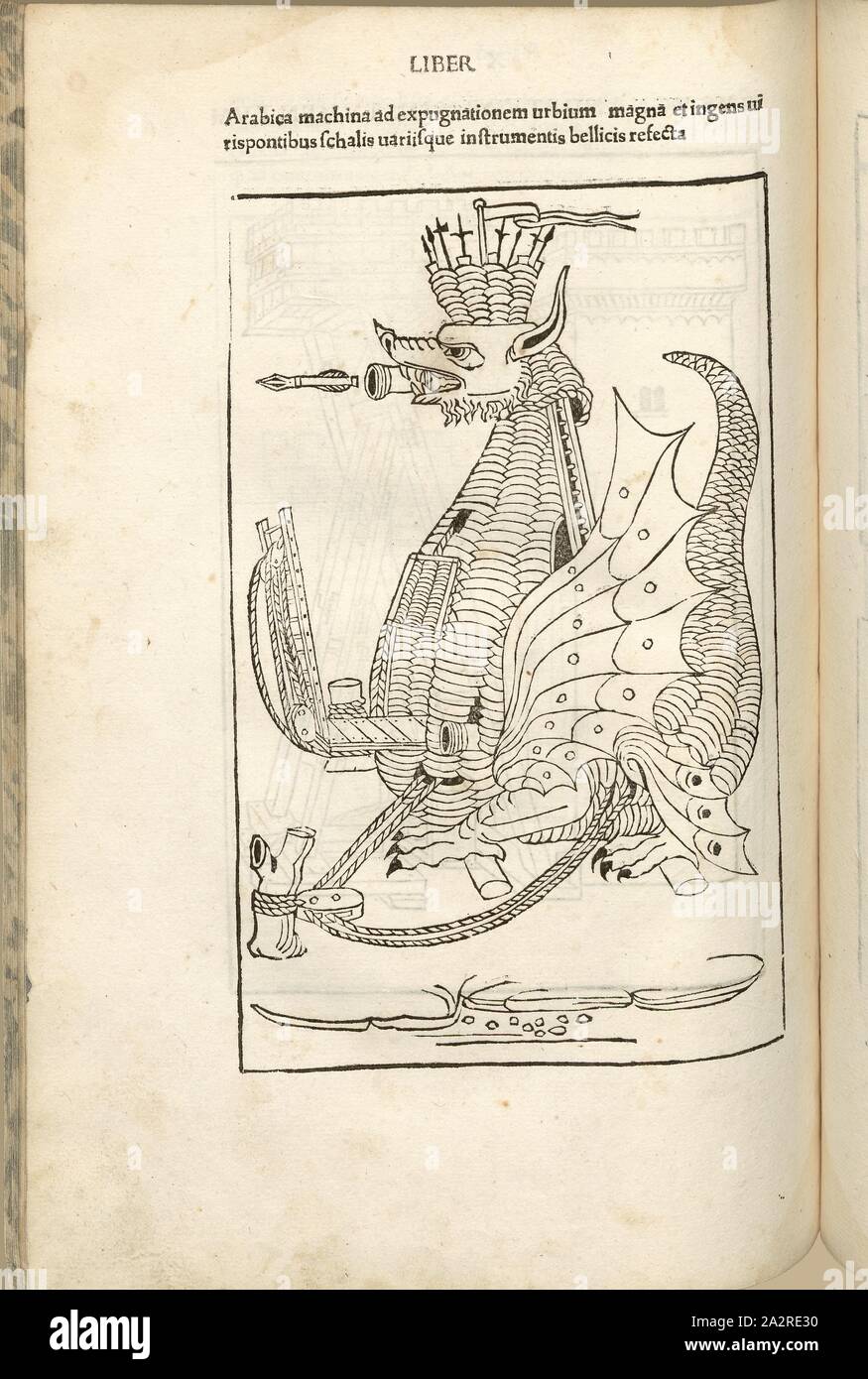 E quanto grande è la macchina per il axpugnationem delle città, il grande arabo, la guerra nel Medioevo, guerra attrezzature, enorme macchina arabo, dragon costruzione, per la conquista delle città, xilografia, S. 334 (Liber decimus), 1483, Roberto Valturio: [De re militari]. Verona: [Boninus de Boninis], [1483 Foto Stock