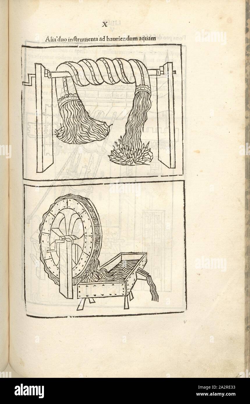 Gli altri due strumenti per assorbire, la guerra nel Medioevo, pompe acqua, sopra: tubo come uno strumento per attingere acqua di seguito: ruota di acqua, Xilografia, S. 337, (Liber decimus), 1483, Roberto Valturio: [De re militari]. Verona: [Boninus de Boninis], [1483 Foto Stock