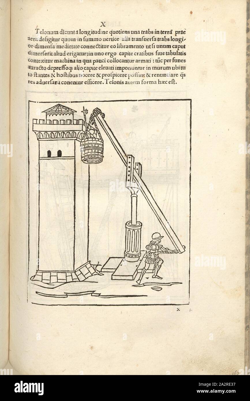 Trave di sollevamento costruzione per la conquista di una torre fortezza medievale, Guerra, guerra, attrezzatura tecnica di assedio, Ascensore Bar costruendo per la conquista, superando una torre fortezza, Xilografia, S. 341, (Liber decimus), 1483, Roberto Valturio: [De re militari]. Verona: [Boninus de Boninis], [1483 Foto Stock