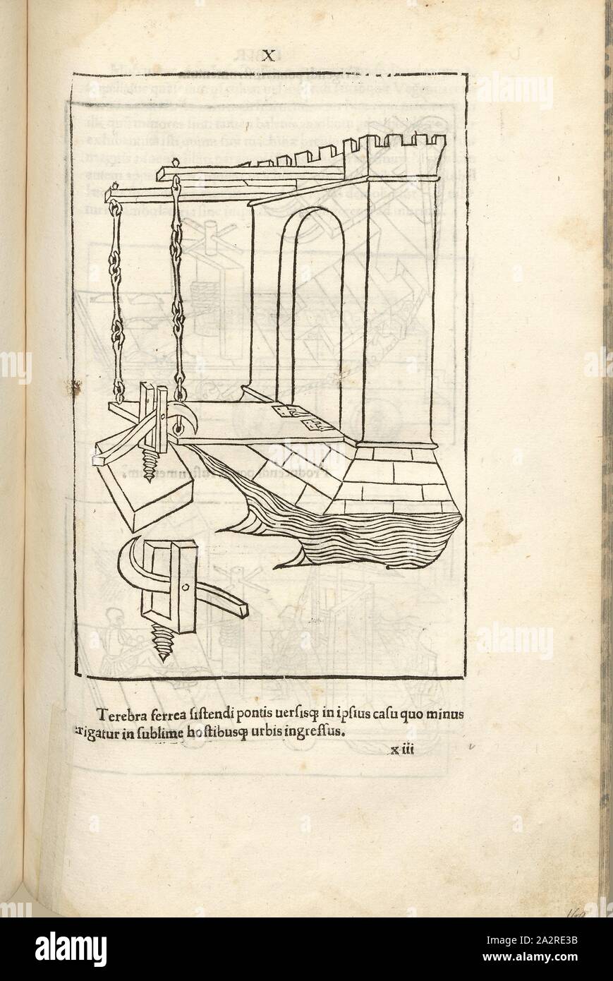 Manipolazione / blocco di un ponte levatoio, guerra medievale, guerra, apparecchiature di bloccaggio / mantenendo un ponte levatoio aperto, Xilografia, p. 345, (Liber decimus), 1483, Roberto Valturio: [De re militari]. Verona: [Boninus de Boninis], [1483 Foto Stock
