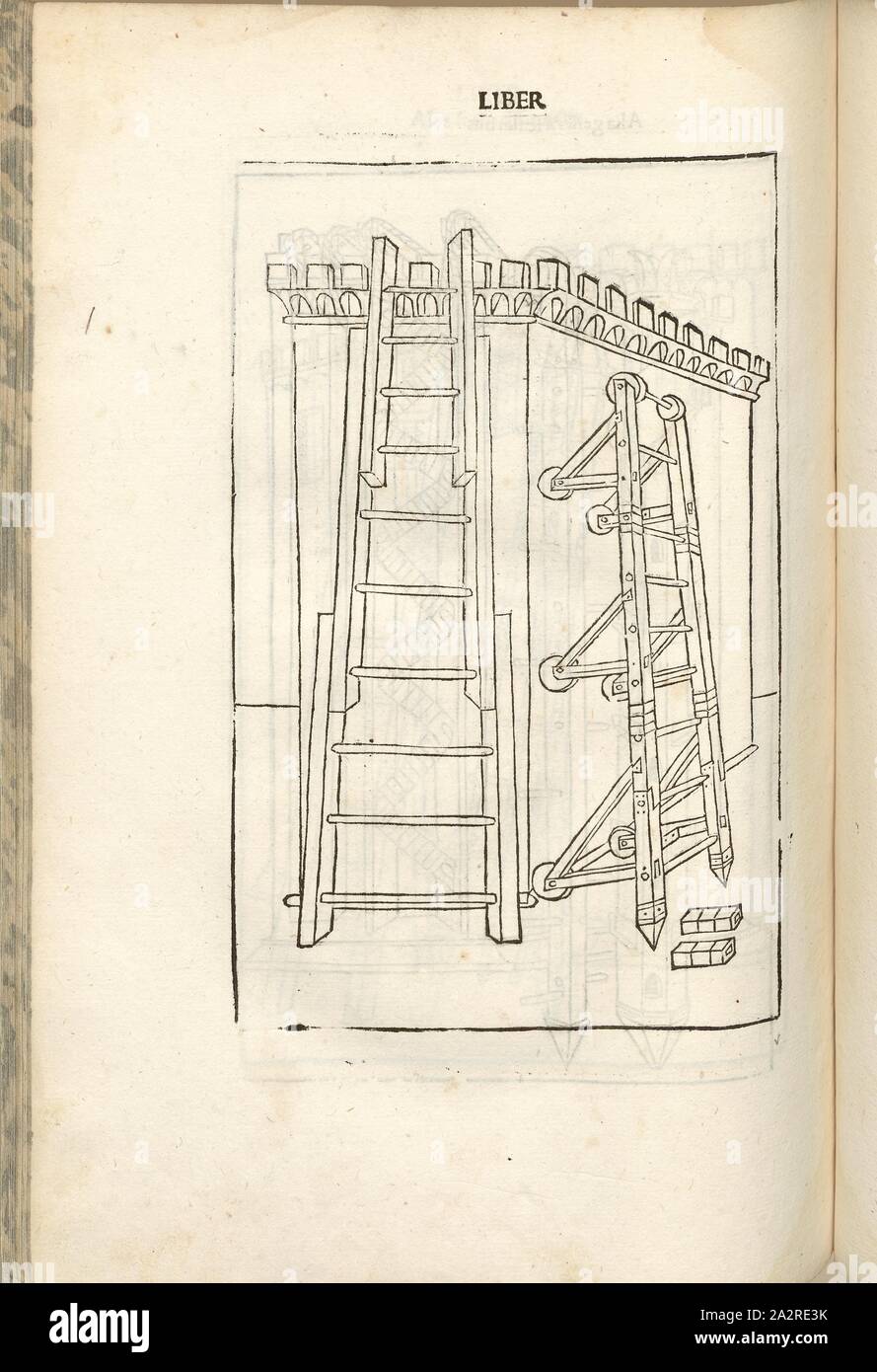 Scale pieghevoli, la guerra nel Medioevo, superando un muro di fortificazione, Escalade, confronto di pieghevoli e Scaletta pieghevole, Xilografia, p. 352, (Liber decimus), 1483, Roberto Valturio: [De re militari]. Verona: [Boninus de Boninis], [1483 Foto Stock