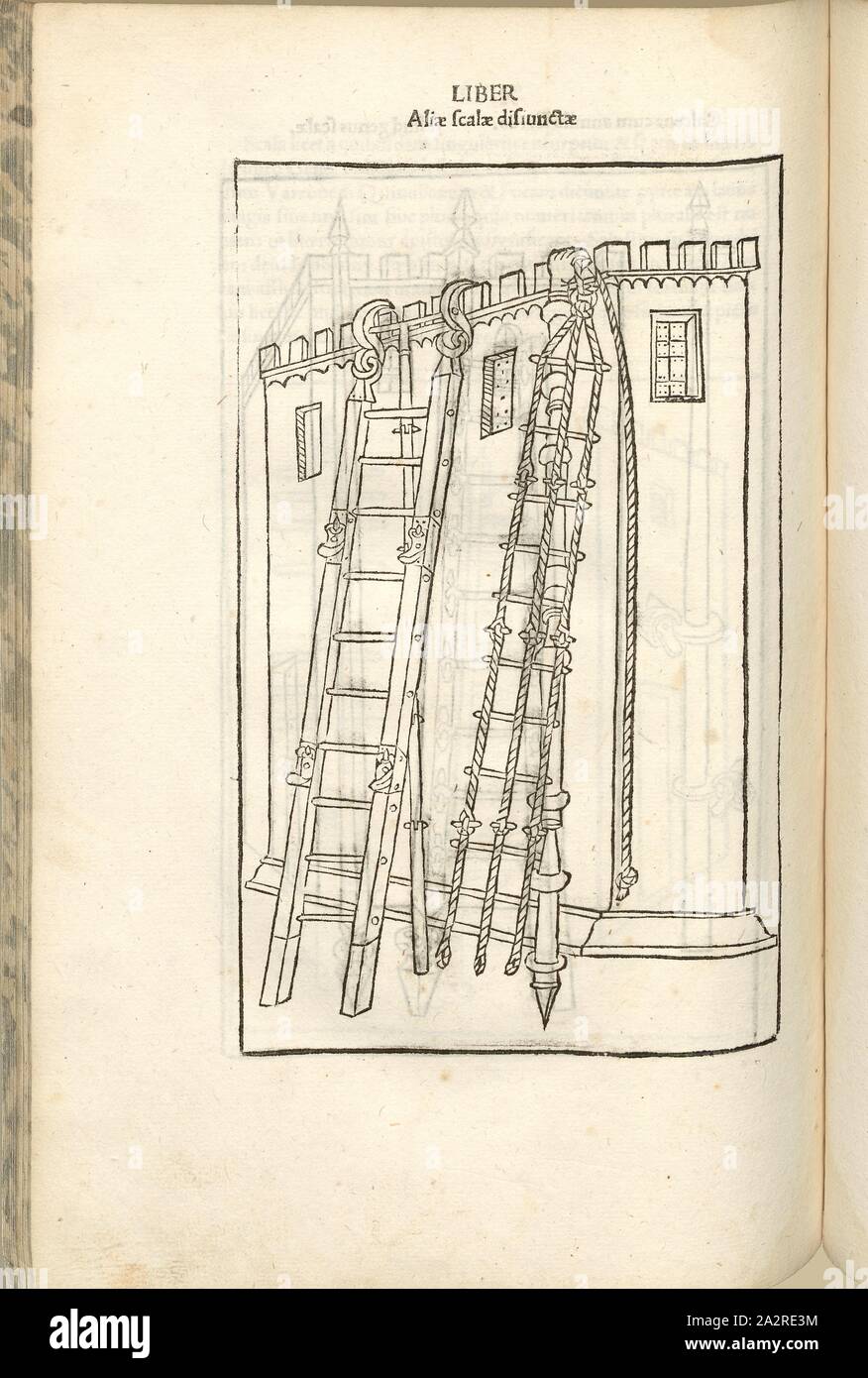 La scalatura isolato, la guerra nel Medioevo, superando un muro di fortificazione, Escalade, Scaletta pieghevole e scaletta di corda, Xilografia, S. 350, (Liber decimus), 1483, Roberto Valturio: [De re militari]. Verona: [Boninus de Boninis], [1483 Foto Stock