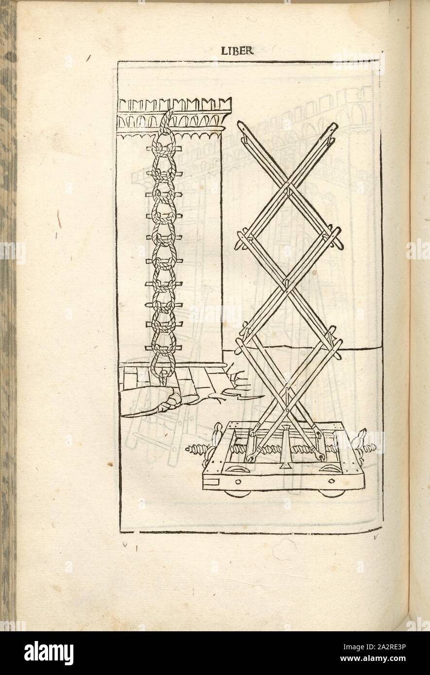 Scale pieghevoli, la guerra nel Medioevo, superando un muro di fortificazione, Escalade, pieghevole / Scaletta pieghevole, scaletta di corda, Xilografia, S. 354, (Liber decimus), 1483, Roberto Valturio: [De re militari]. Verona: [Boninus de Boninis], [1483 Foto Stock