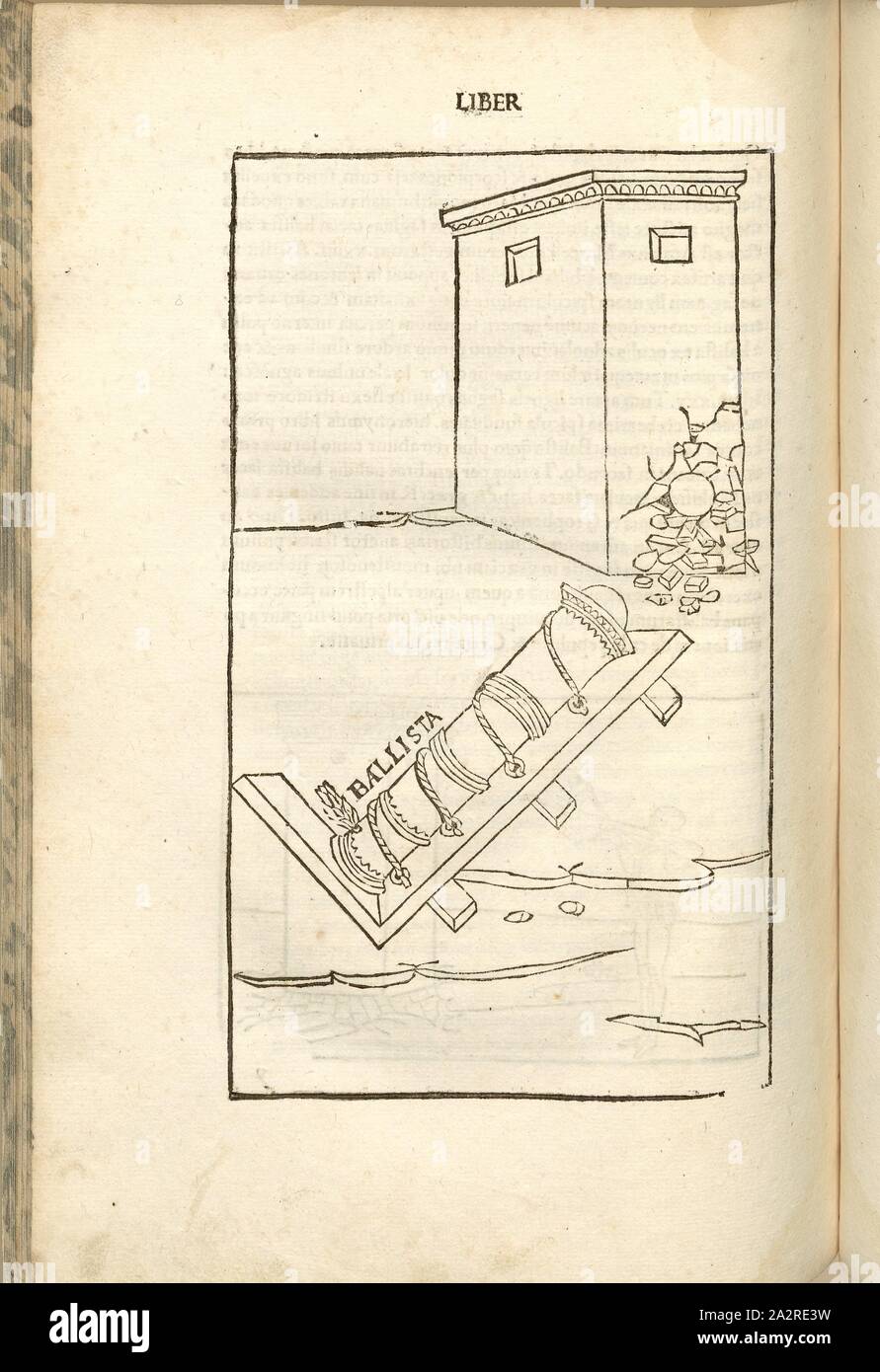 Ballistic / Regular Power Chron, guerra medievale, armi, Cannone Shotfire con fuoco incendiari, assalto alla fortezza torre, Xilografia, S. 358, (Liber decimus), 1483, Roberto Valturio: [De re militari]. Verona: [Boninus de Boninis], [1483 Foto Stock