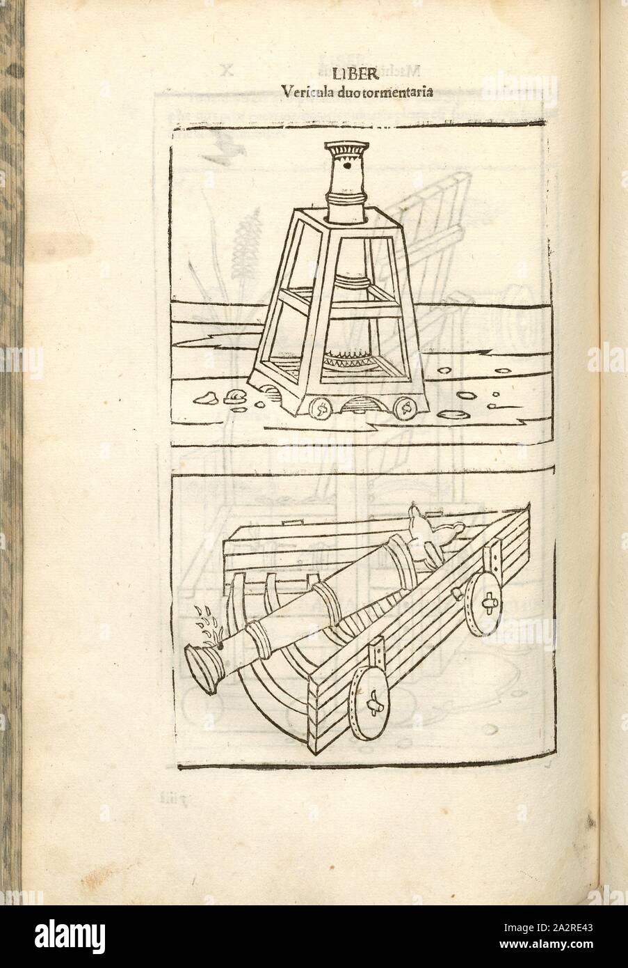 Duo Vericula Tempesta, la guerra nel Medioevo, armi, macchina di lancio, cannone fucile su due diverse costruzioni trasportabili, xilografia, p. 364, (Liber decimus), 1483, Roberto Valturio: [De re militari]. Verona: [Boninus de Boninis], [1483 Foto Stock