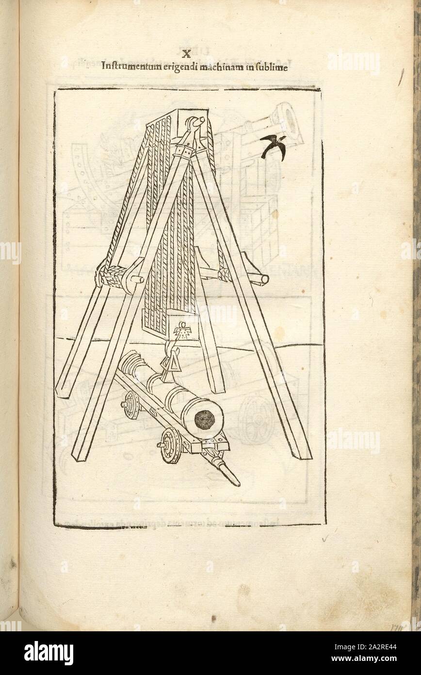 Uno strumento per stabilire una nobile, la guerra nel Medioevo, armi, macchina di lancio, colpo di cannone pistola che può essere sollevata da una puleggia, xilografia, p. 365, (Liber decimus), 1483, Roberto Valturio: [De re militari]. Verona: [Boninus de Boninis], [1483 Foto Stock