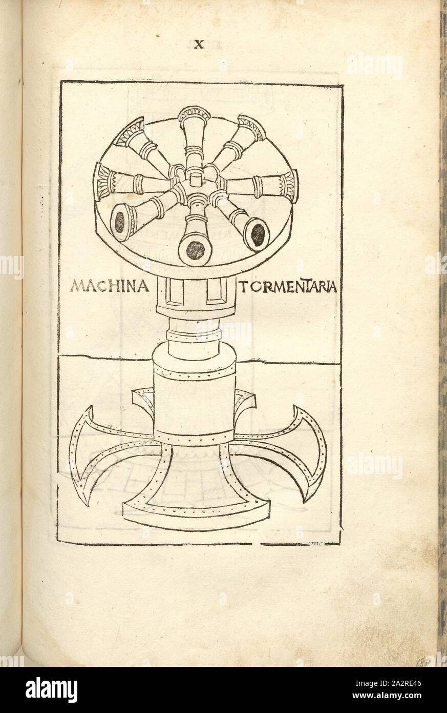 Tormentata Machina, la guerra nel Medioevo, armi, macchina di lancio, diversi colpo di cannone tubi su una strutture rotanti, xilografia, S. 367, (Liber decimus), 1483, Roberto Valturio: [De re militari]. Verona: [Boninus de Boninis], [1483 Foto Stock