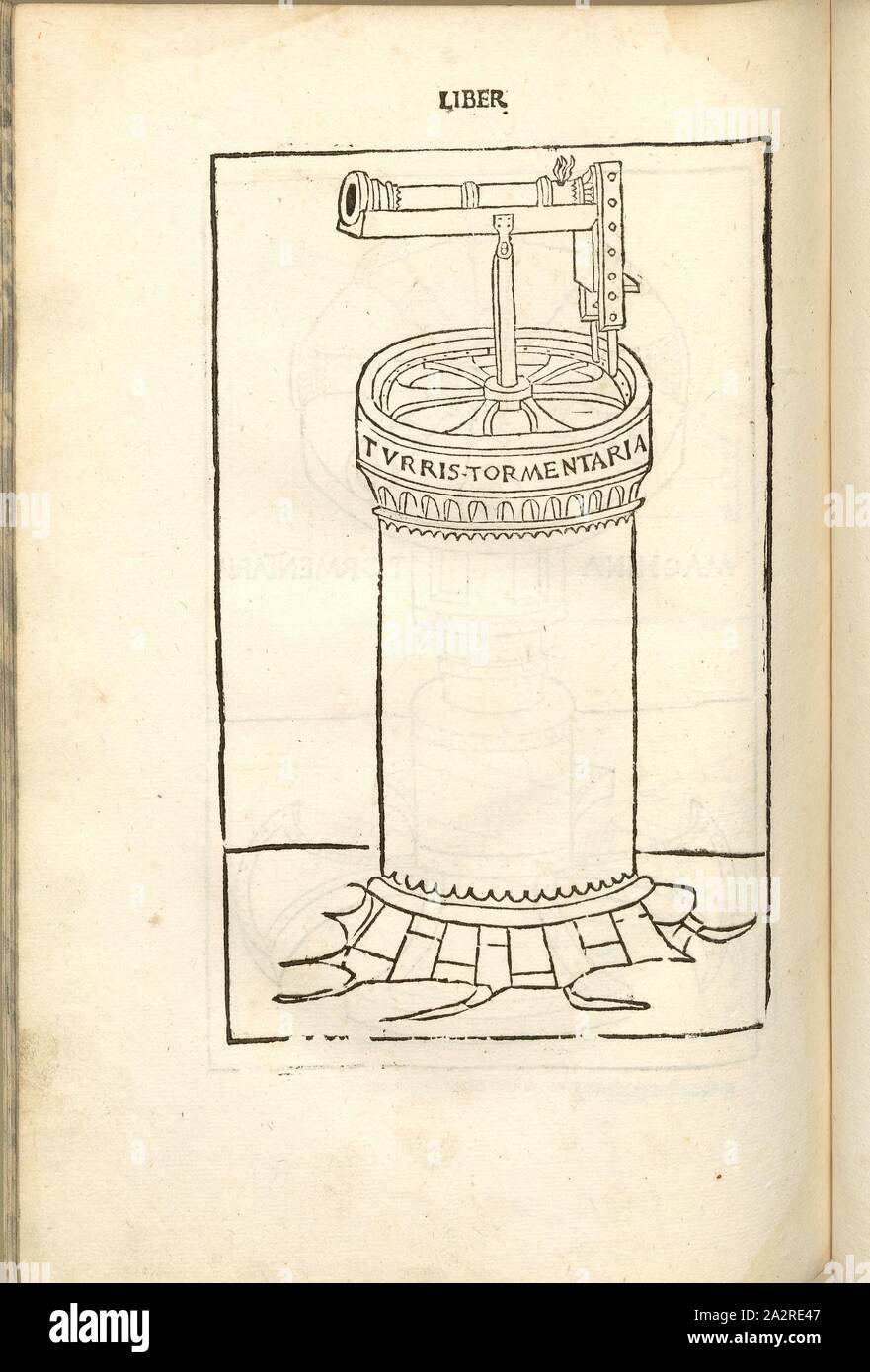 Turris tormentaria, guerra medievale, armi, macchina di lancio, colpo di cannone sulla pistola costruzioni rotante, Xilografia, S. 368, (Liber decimus), 1483, Roberto Valturio: [De re militari]. Verona: [Boninus de Boninis], [1483 Foto Stock