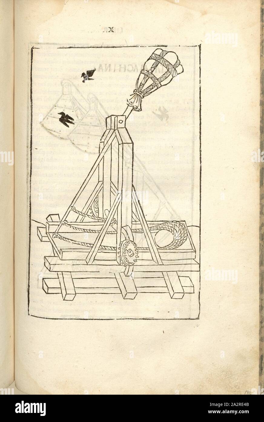 Slingshot, la guerra nel Medioevo, Guerra attrezzature, catapulta, macchina di lancio, Blide, Trebuchet, costruzione con un peso per il lancio di missili, Xilografia, S. 371, (Liber decimus), 1483, Roberto Valturio: [De re militari]. Verona: [Boninus de Boninis], [1483 Foto Stock
