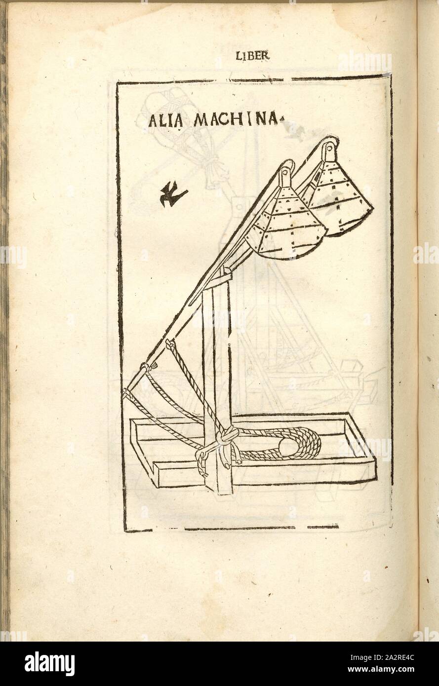 Alia machina, la guerra nel Medioevo, Guerra attrezzature, catapulta, macchina di lancio, Blide, Trebuchet, costruzione con pesi per il lancio di missili, Xilografia, S. 372, (Liber decimus), 1483, Roberto Valturio: [De re militari]. Verona: [Boninus de Boninis], [1483 Foto Stock