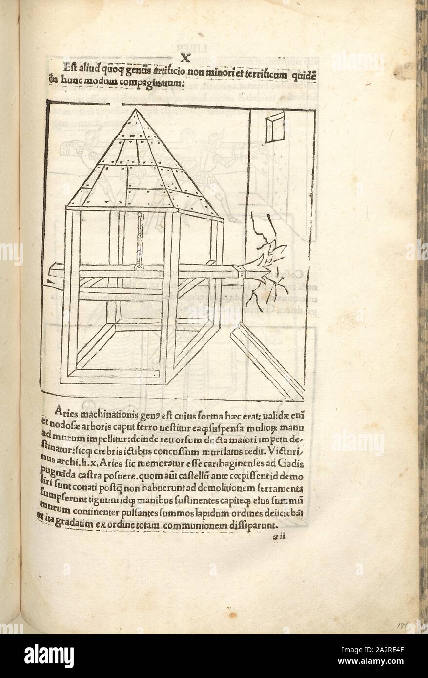 Rammbock 2, la guerra nel Medioevo, armi da assedio, ariete con un raccordo in metallo in corrispondenza della testa, xilografia, S. 375, (Liber decimus), 1483, Roberto Valturio: [De re militari]. Verona: [Boninus de Boninis], [1483 Foto Stock