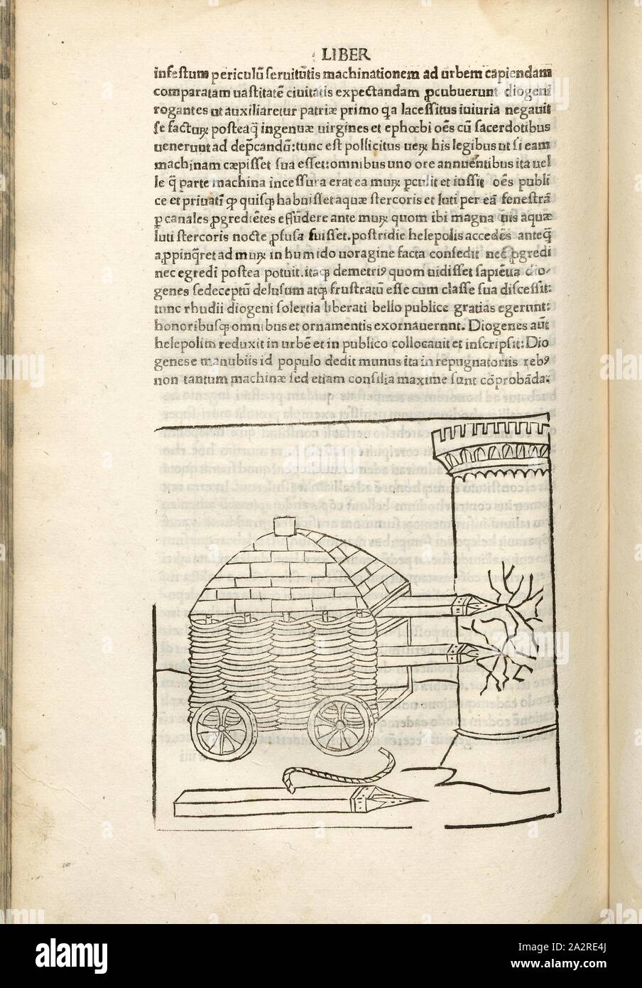 Wagenrammbock 2, la guerra nel Medioevo, armi da assedio, ariete, la costruzione di un carro carico con sottolineato raccordi in metallo in corrispondenza della testa del tronco, xilografia, p. 380, (Liber decimus), 1483, Roberto Valturio: [De re militari]. Verona: [Boninus de Boninis], [1483 Foto Stock