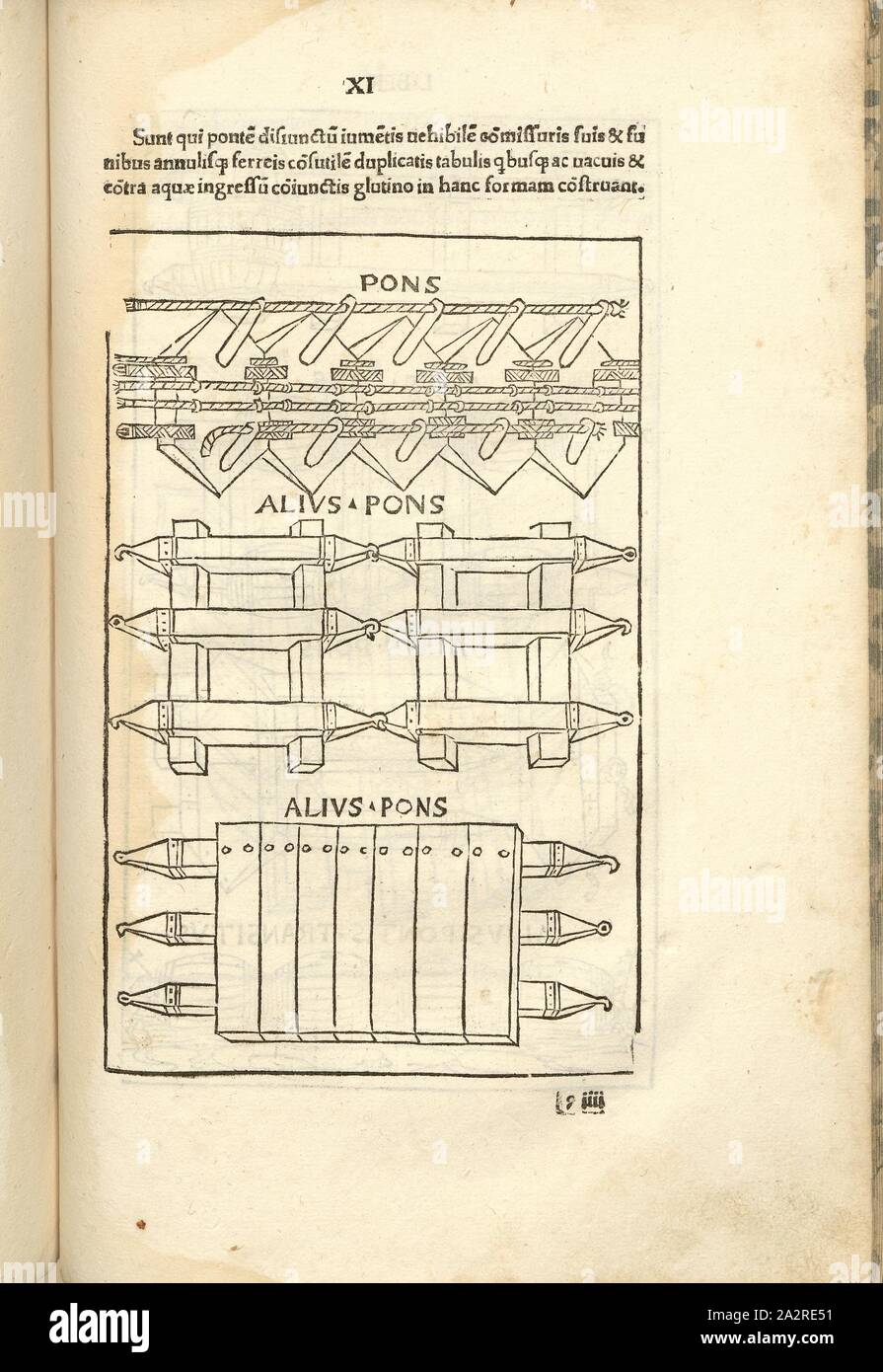 Pons et alius pons, guerra medievale, equipaggiamento militare, vari tipi di ponti, xilografia, p. 415, (liber undecimus), 1483, Roberto Valturio: [De re militari]. Verona: [Boninus de Boninis], [1483 Foto Stock