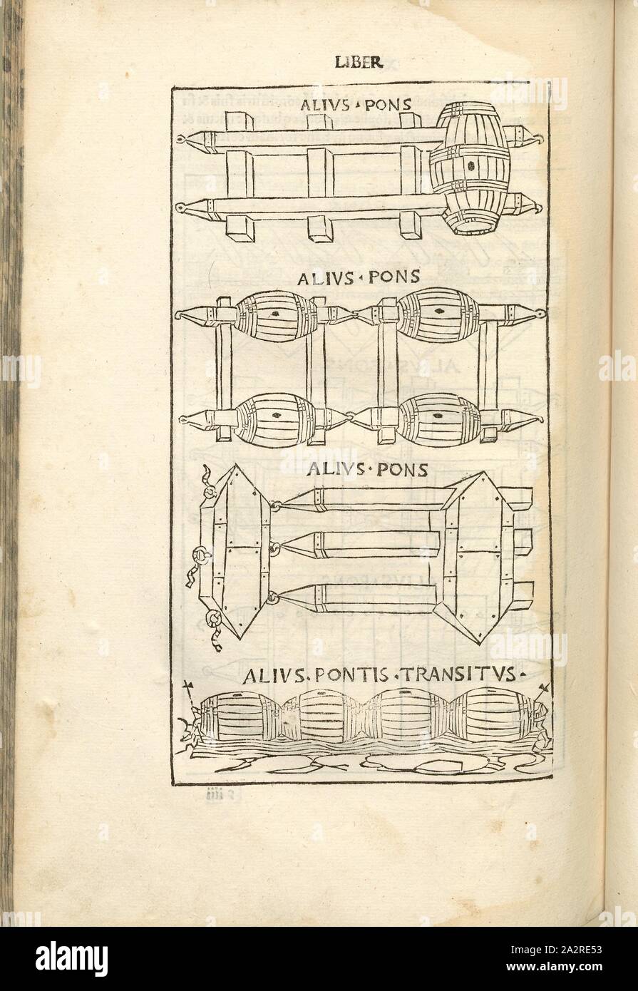 Un altro bridge - un altro bridge crossing, la guerra nel Medioevo, equipaggiamento militare, ponti con barili come galleggianti, attraversando l'acqua, zattera, xilografia, S. 416, (liber undecimus), 1483, Roberto Valturio: [De re militari]. Verona: [Boninus de Boninis], [1483 Foto Stock