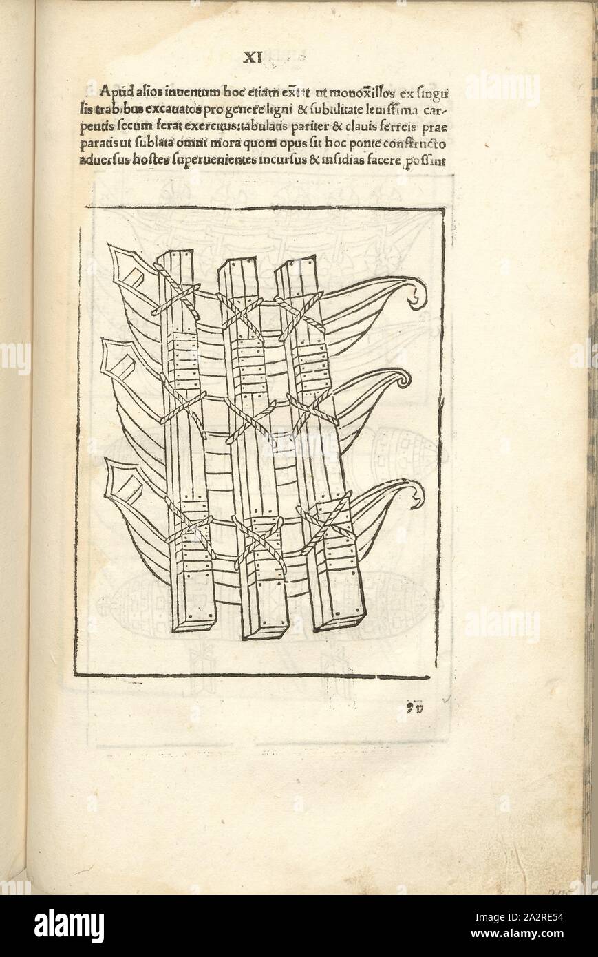 Ponte galleggiante, guerra medievale, equipaggiamento militare, attraversando l'acqua, zattera, Xilografia, S. 417, (liber undecimus), 1483, Roberto Valturio: [De re militari]. Verona: [Boninus de Boninis], [1483 Foto Stock