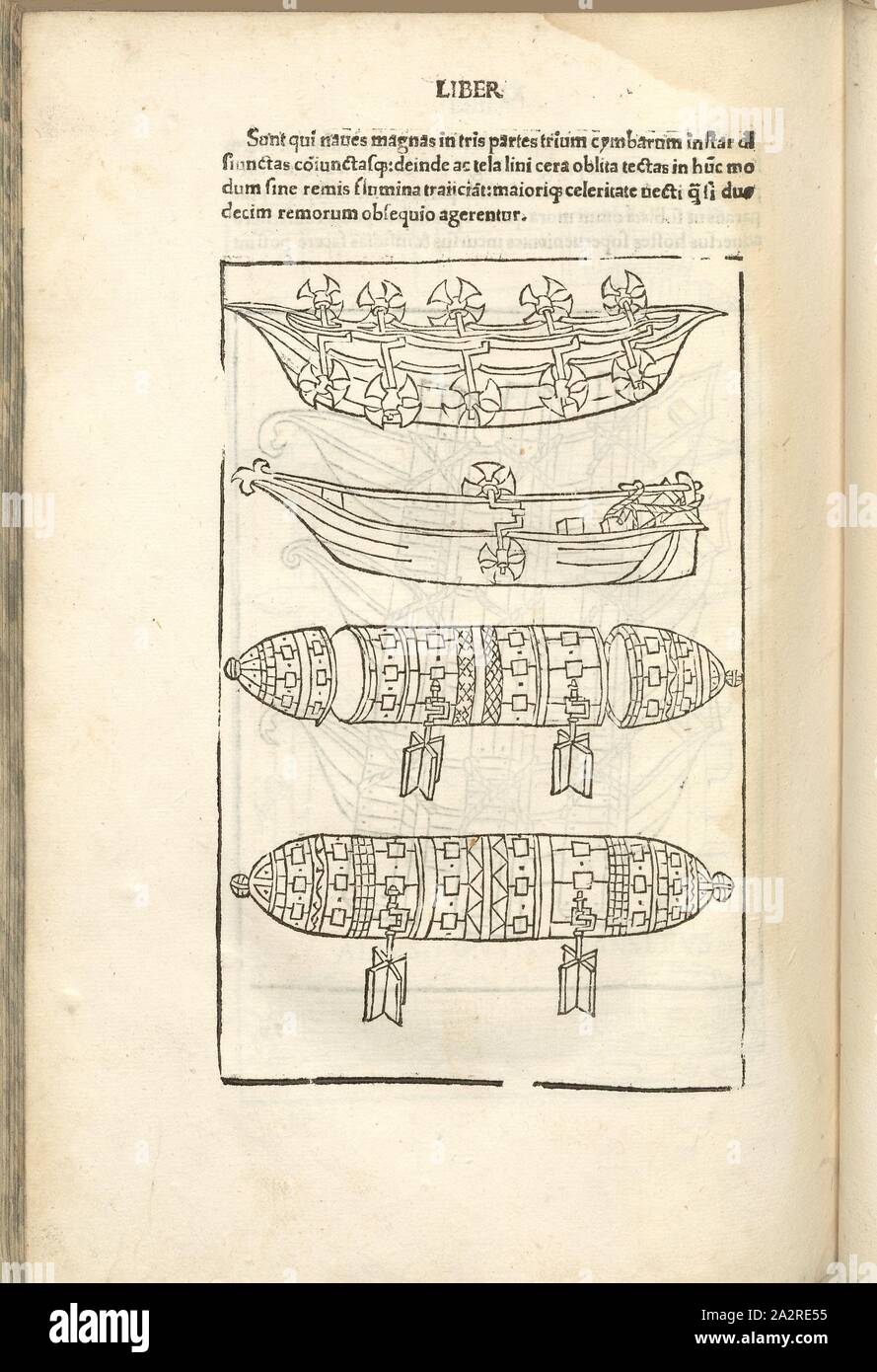 Le navi con ruote motrici, guerra medievale, equipaggiamento militare, canoe, navi e galleggianti con ruote motrici ponti, attraversando l'acqua, Xilografia, p. 418, (liber undecimus), 1483, Roberto Valturio: [De re militari]. Verona: [Boninus de Boninis], [1483 Foto Stock