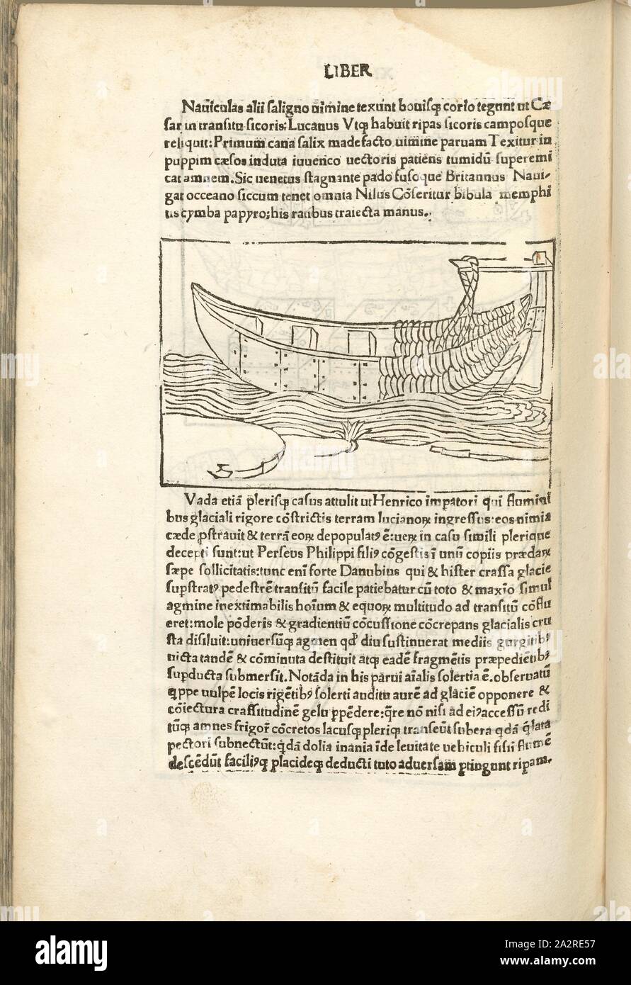 Tipo di nave, guerra medievale, equipaggiamento militare, nave, canoa, attraversando l'acqua, Xilografia, S. 420, (liber undecimus), 1483, Roberto Valturio: [De re militari]. Verona: [Boninus de Boninis], [1483 Foto Stock