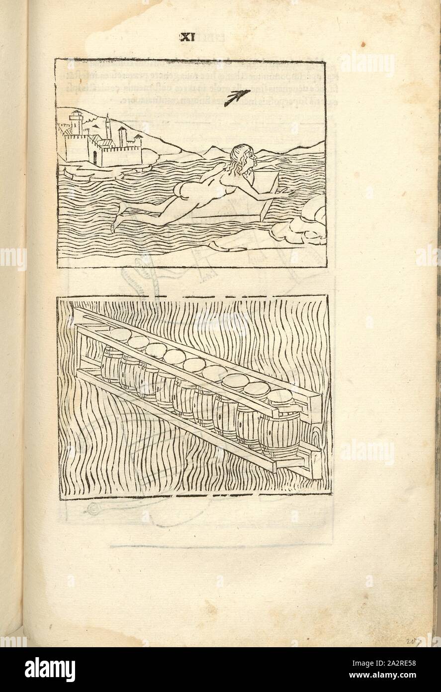 Il filo interdentale 2, la guerra nel Medioevo, apparecchiature di guerra, sopra: semplice zattera, inferiore: zattera con botti, xilografia, p. 421, (liber undecimus), 1483, Roberto Valturio: [De re militari]. Verona: [Boninus de Boninis], [1483 Foto Stock